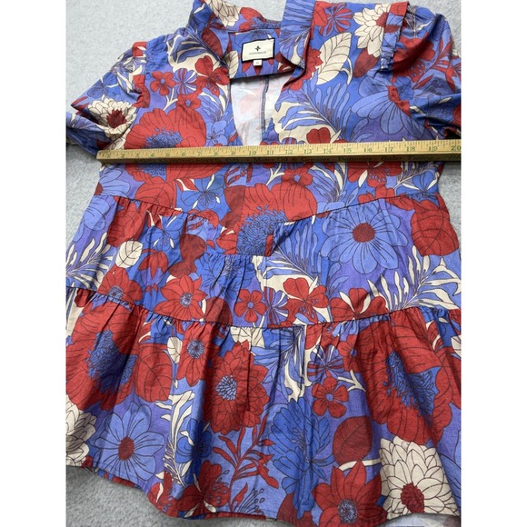 Tuckernuck Blouse Womens M Red Blue Floral Peplum Long Sleeve Cotton Top - Picture 9 of 15